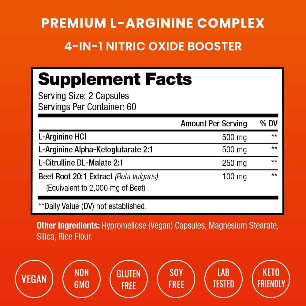 NutraChamps L-Arginine Supplement 1000mg + L-Citrulline 250mg & Beet Root – Nitric Oxide Booster for Heart Health, Energy & Stamina – Extra Strength Amino Acid Complex – 120 Vegan Capsules