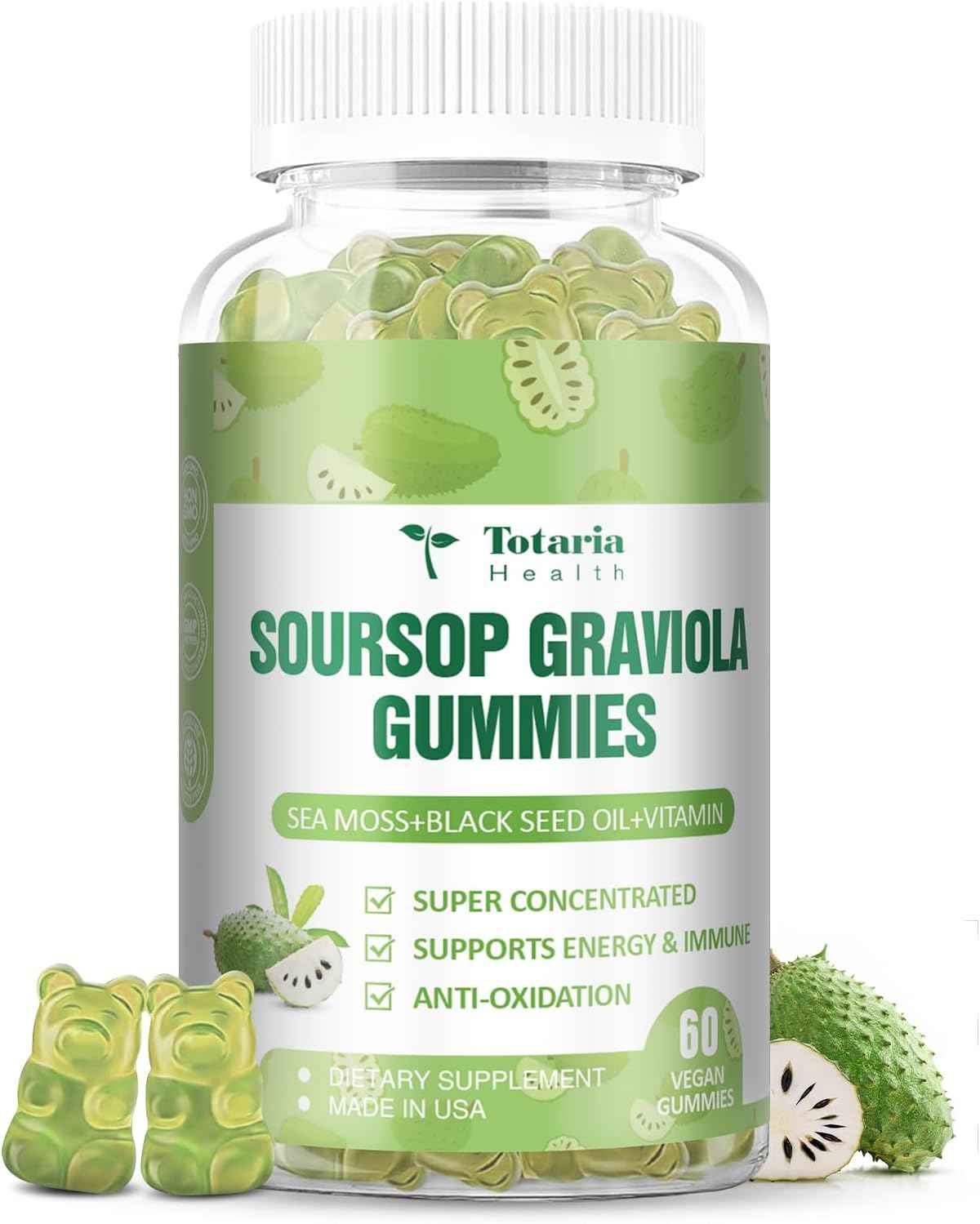 Totaria Sugar Free Soursop Oil Graviola Sea Moss Gummies - Support Digestive Sleep Skin Health, Immunity & Antioxidant - Guanabana Fruit with Sea Moss, 150mg Black Seed Oil Organic Non-GMO Vegan