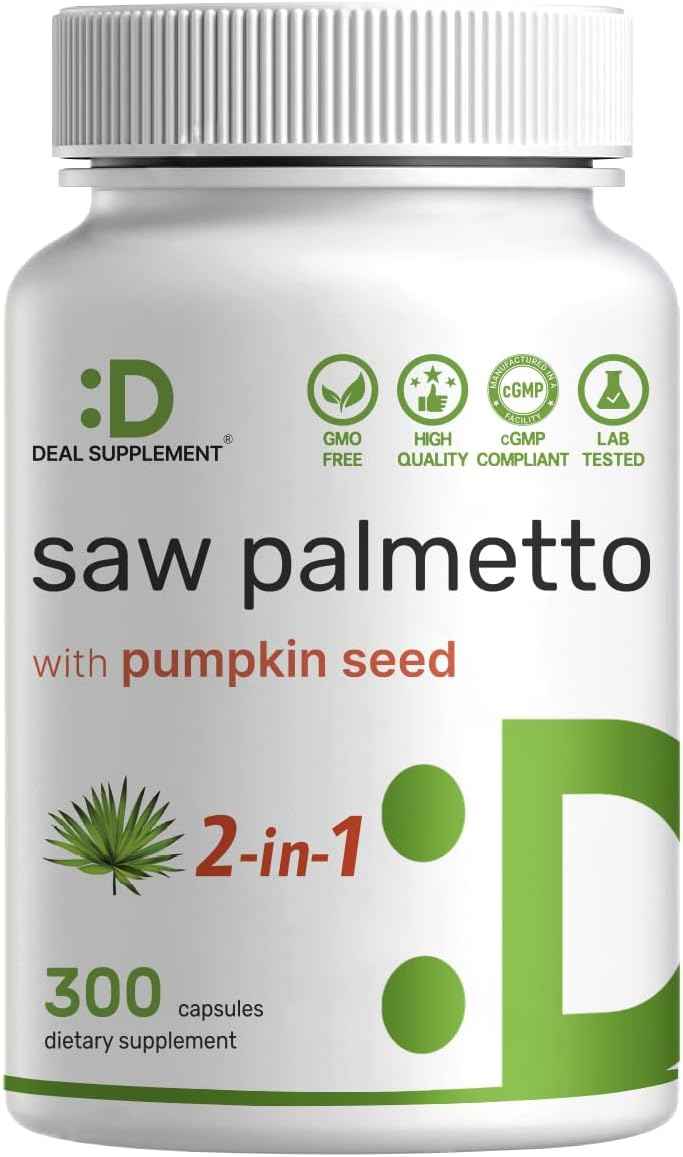 Saw Palmetto Supplement with Pumpkin Seed, 300 Capsules | Promotes Prostate Health | DHT Blocker | Hair Growth Vitamins, Maintain Normal Urinary Frequency