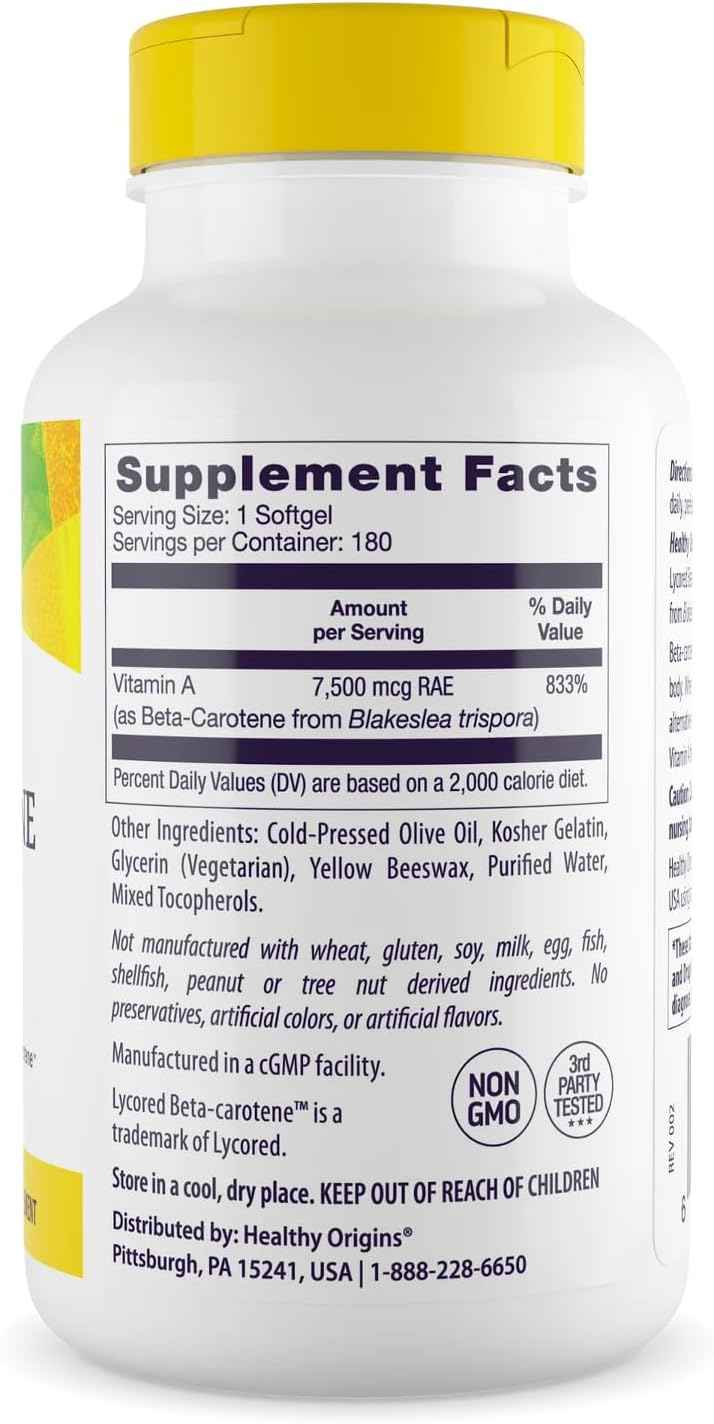 Healthy Origins Beta-Carotene 25,000 IU, Non-GMO, 180 Softgels
