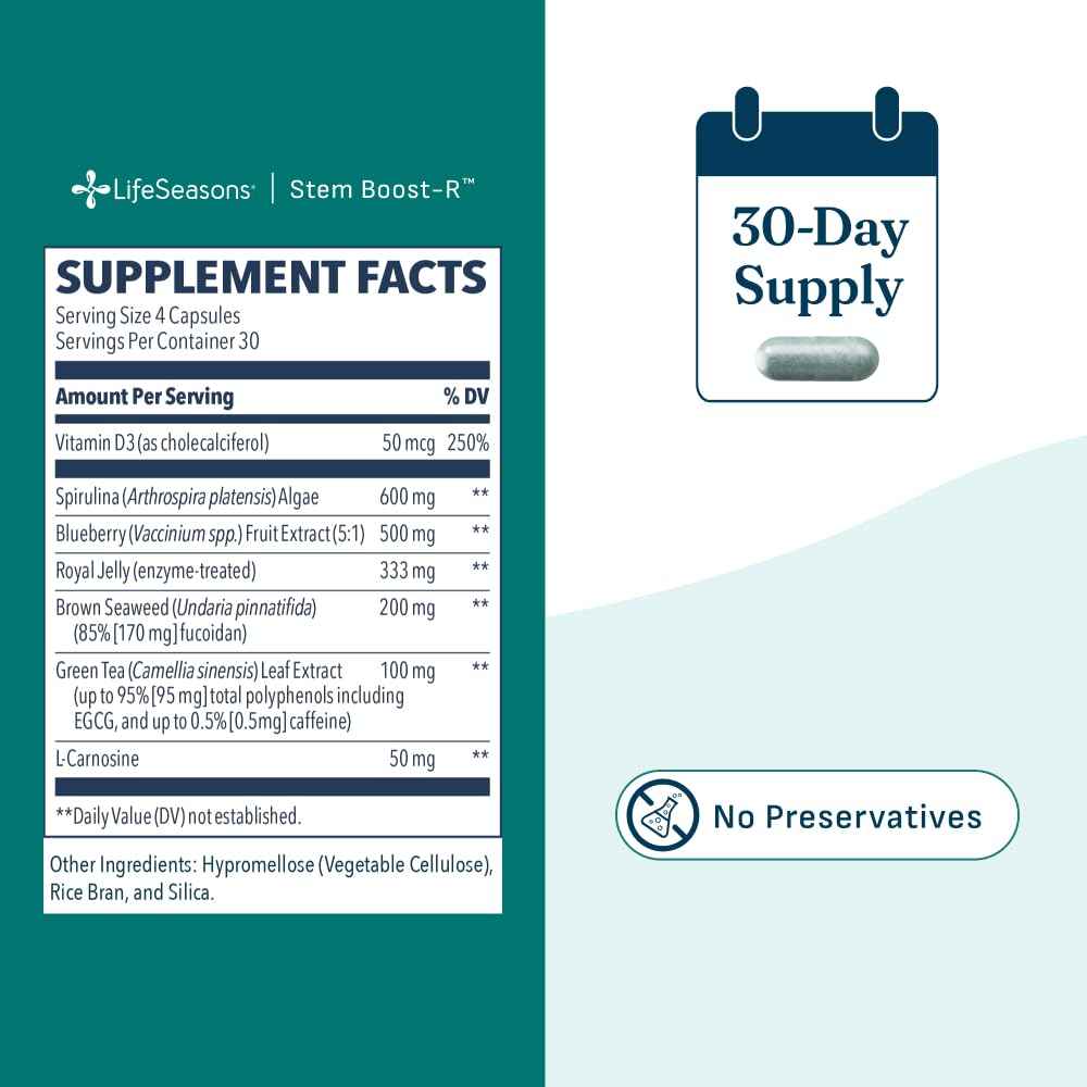 LifeSeasons Stem Boost-R - Stem Cell Support - Naturally Repair Damaged Tissue - Vitamin Supplement Rich in Antioxidants - Royal Jelly, Spirulina, Blueberry, Brown Seaweed & L-Carnosine - 120 Capsules