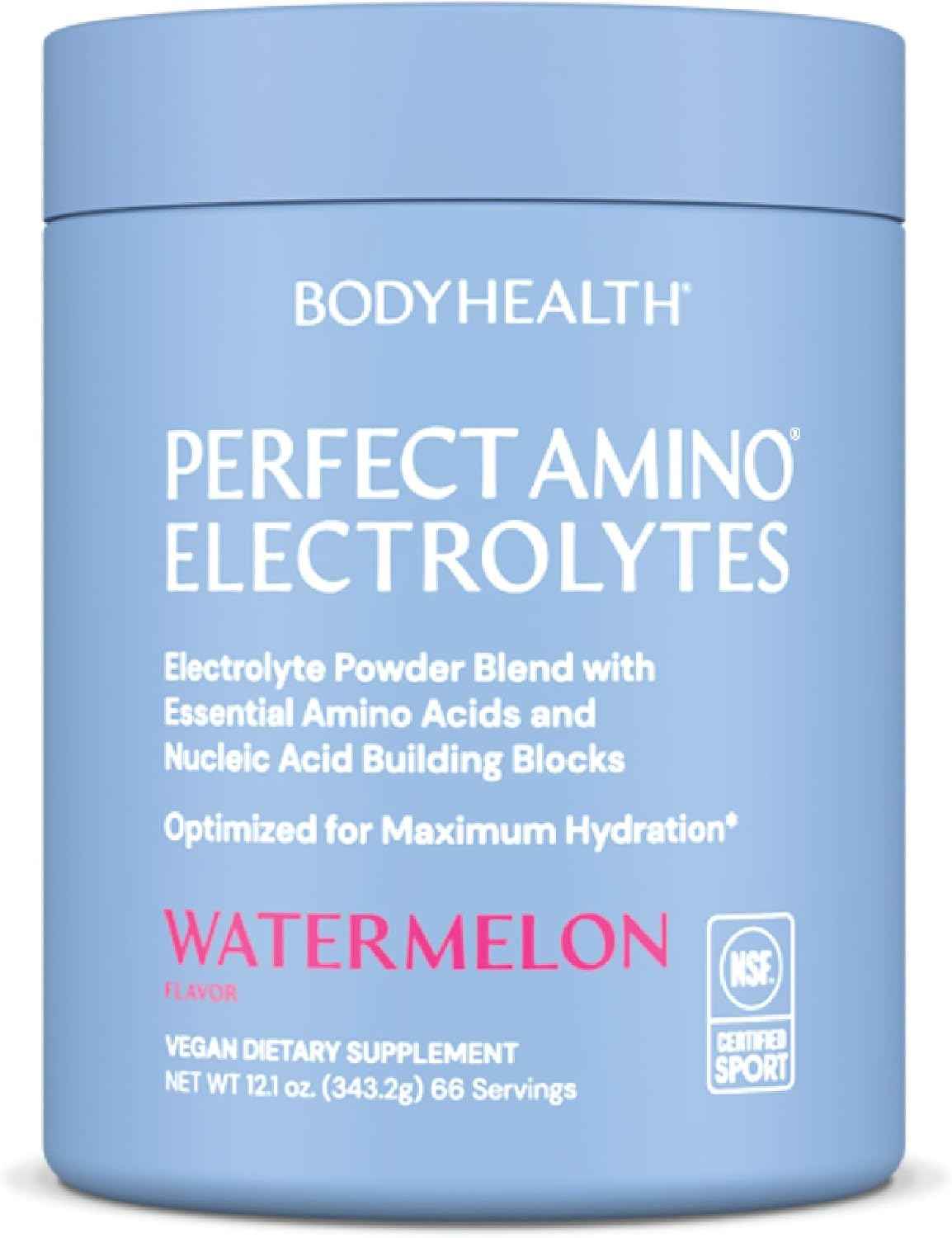 BodyHealth PerfectAmino Electrolytes Powder No Sugar, Hydration Fasting Keto Zero Sugar Electrolytes Drink Mix with Trace Minerals - NSF Certified for Sport - Watermelon - 66 Servings