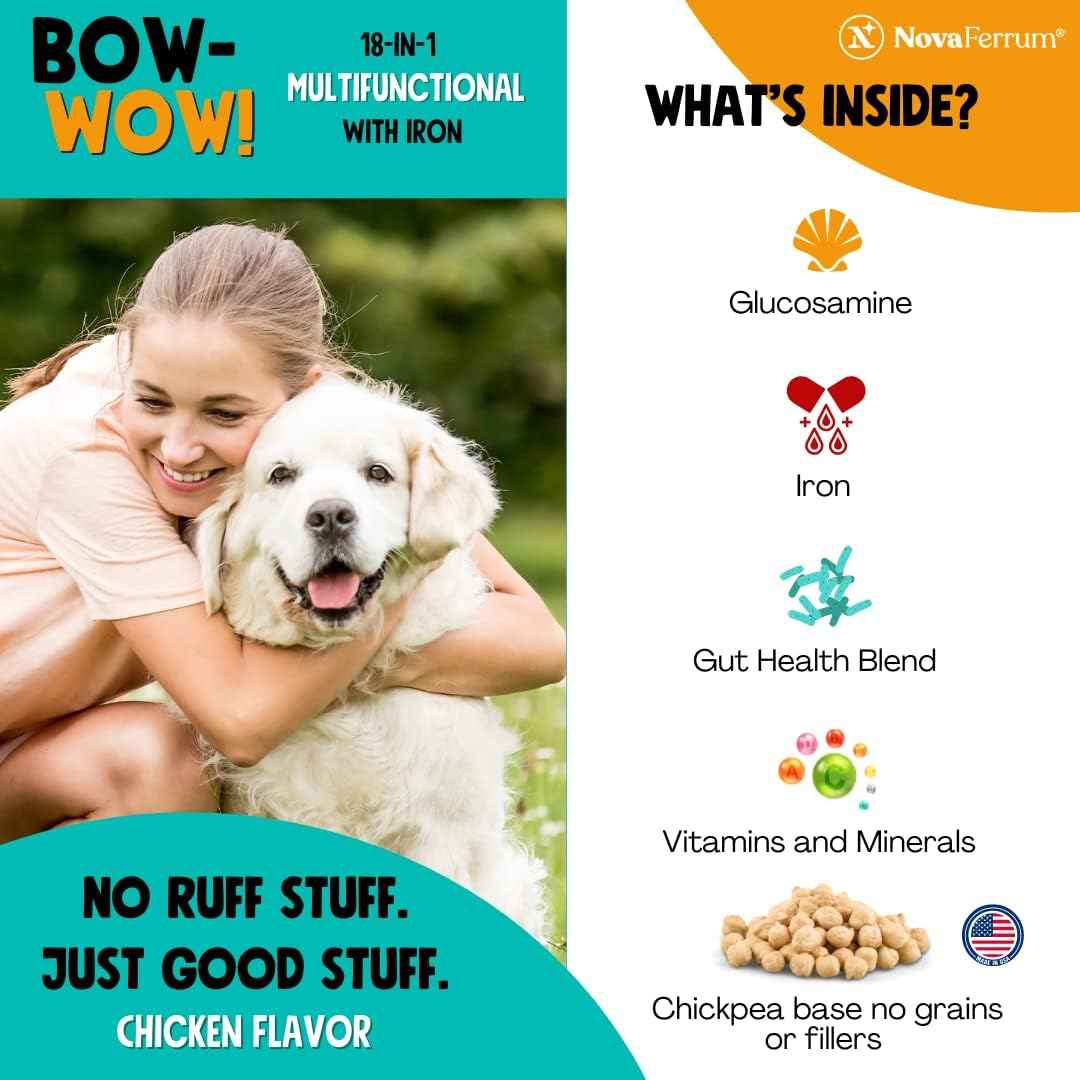 NovaFerrum Bow Wow | 18-in-1 Multifunctional with Iron Supplement for Dogs | Blood Support for Anemia | Glucosamine | Probiotics | Antioxidants | Chicken Flavor | 90 Chews