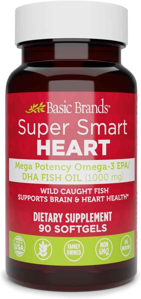 Basic Brands Super Smart Heart Omega Triple Strength, 1,000 mg 90 Count | EPA & DHA for Heart, Brain & Joint Support, Purified, Wild-Caught, Non-GM