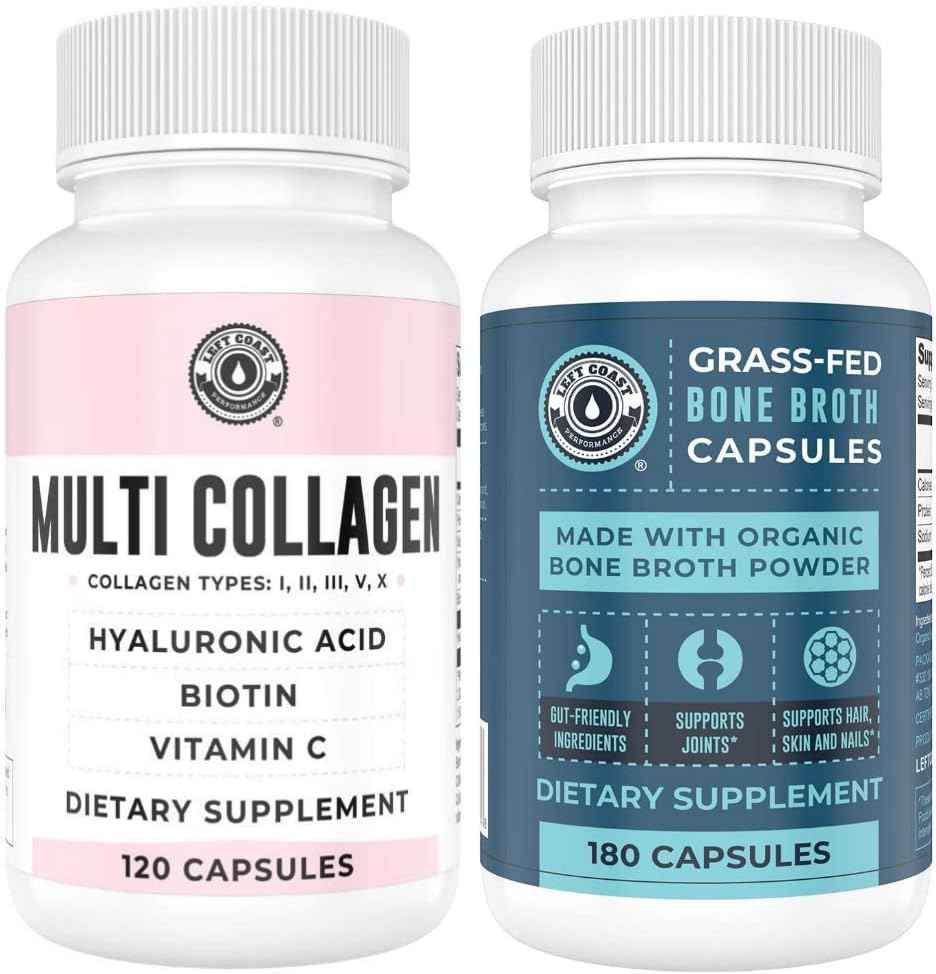 Left Coast Performance 120ct Multi Collagen Capsules with Biotin and 180ct Organic Bone Broth Capsules