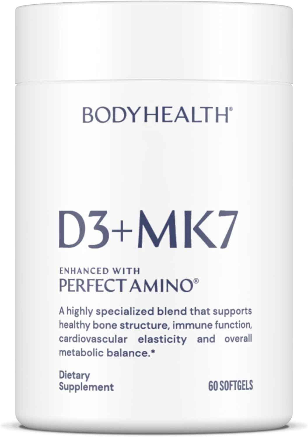 BodyHealth D3 + MK7 - Vitamin D3 5000IU, Vitamin K1, Vitamin K2 - Easy to Swallow Supplement, Supports Bone Strength & Calcium Absorbtion* - 60 Softgels