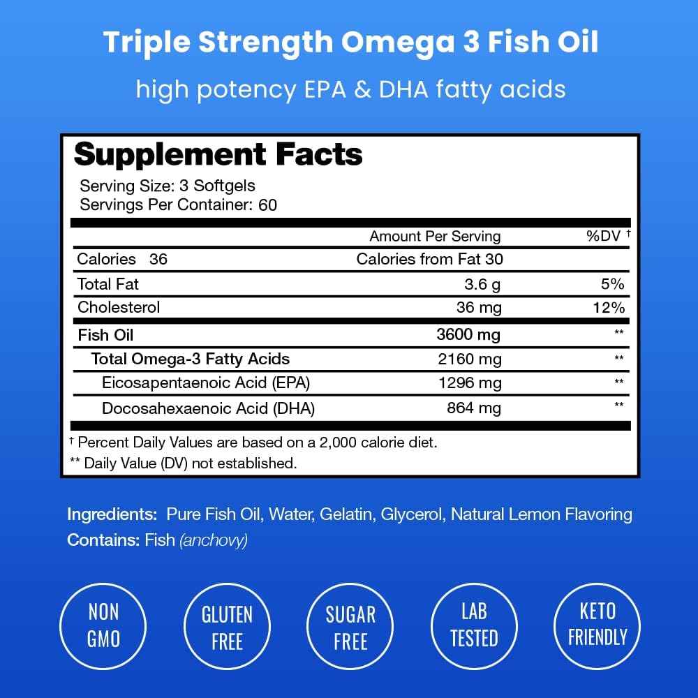 Triple Strength Omega 3 Fish Oil 3600 mg | EPA & DHA | 180 Softgels | Burpless Fish Oil Supplement, Wild Caught | Over 2100mg Omega-3 Fatty Acids Supplements | Natural Lemon Flavor Omegas 3 Pills