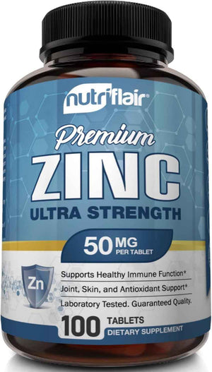 NutriFlair Zinc Gluconate 50mg, 100 Tablets - High Potency Immune System Booster Supplement Pills, Immunity Defense, Powerful Natural Antioxidant, Non-GMO, Compare with zinc picolinate, citrate, oxide