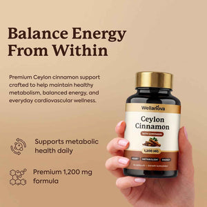 Ceylon Cinnamon Capsules Supplement with Chromium - 1,200 mg True Cinnamomum Verum, Chromium Picolinate 200 mcg - Heart, Metabolism & Energy Support - 60 Vegan Capsules