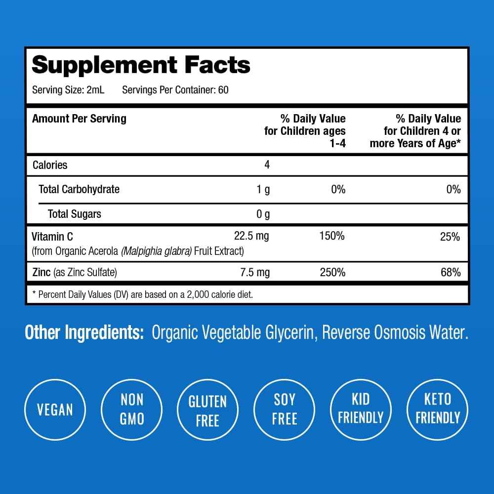 NutraChamps Organic Liquid Zinc Drops for Kids, Ionic Zinc Drops Enhanced with Vitamin C for Children, Sugar-Free 4 oz, Vegan & Non-GMO, Unflavored, 60 Servings, 2 Month Supply