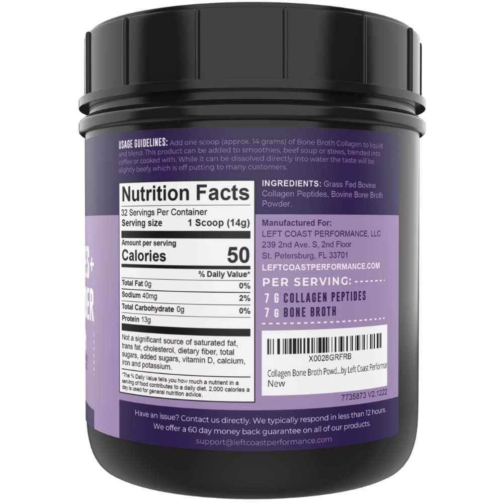 Left Coast Performance Collagen Bone Broth Powder 2lb, Bone Broth with Grass Fed Collagen Peptides. Unflavoured, Grass Fed, Hydrolyzed Beef, Zero Carb, Dairy Free Protein Powder. 64 Servings