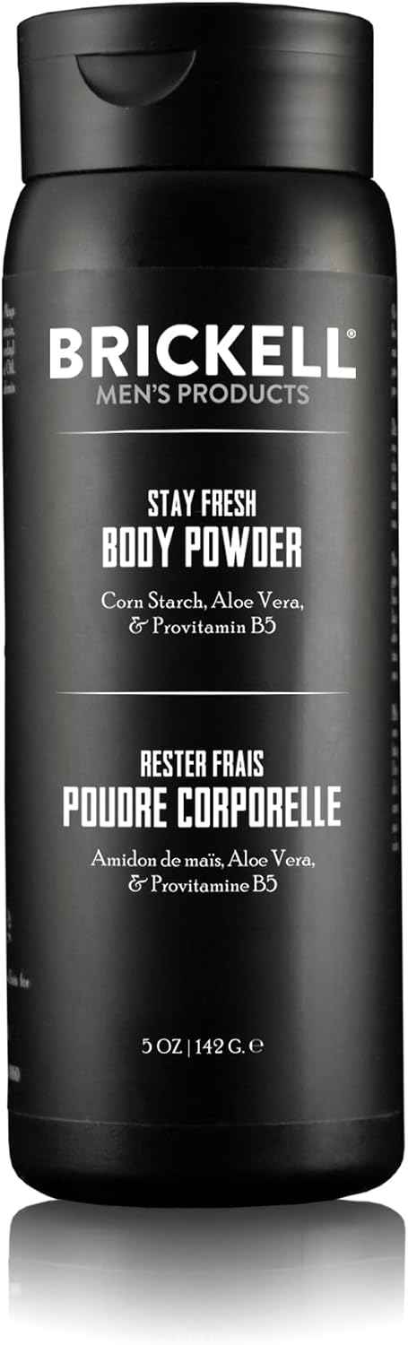Brickell Men's Products Stay Fresh Body Powder for Men, Talc-Free, Absorbs Sweat, Keeps Skin Dry, with Aloe, Pro-Vitamin B5, and Corn Starch, 5 oz, Scented