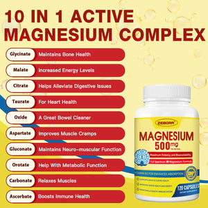 10-in-1 Magnesium Complex Supplement, Magnesium Glycinate 500mg with Citrate & Malate, Chelated High Absorption Plus Vitamin D3 & Zinc - for Nerve, Muscle & Bone Support - 120 Capsules ZEBORA buy supplements Au