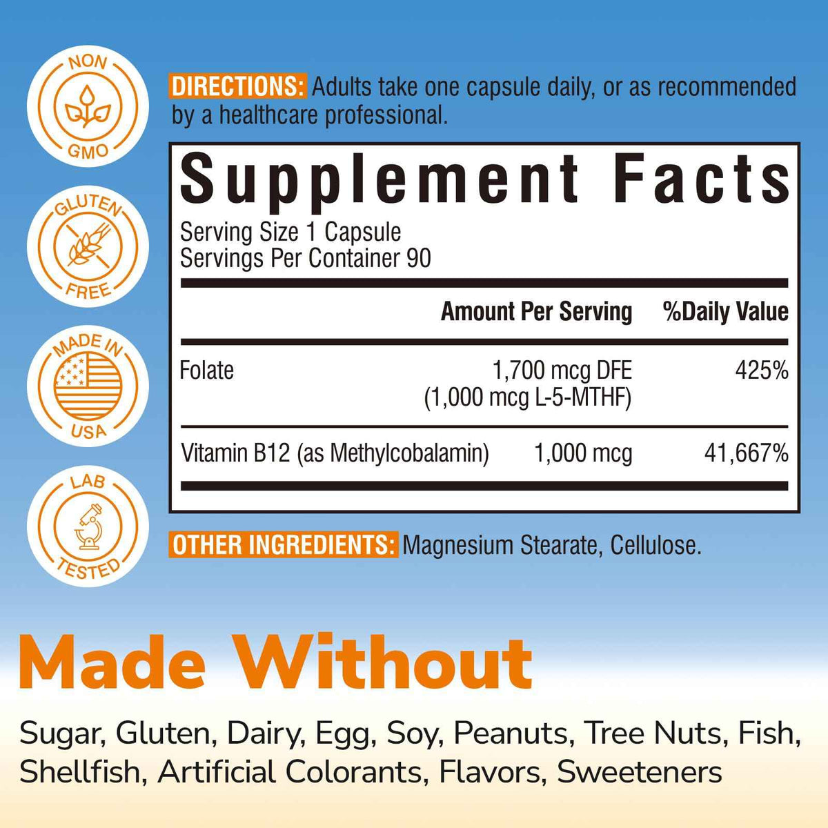 Vitalibre Methyl Folate 1000 mcg, L-5-MTHF with Methylcobalamin B12, Heart & Blood Health, Healthy Nervous System, Energy Support, Vegan, Bioactive Form, Best Absorption, 60 Capsules