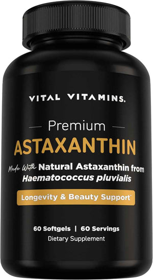 Vital Vitamins Astaxanthin 12mg Softgels for Skin Hydration & Elasticity | Natural Astaxanthin from Microalgae, Antioxidant Protection for Skin, Eyes & Exercise Recovery, Vegan, 60 Softgels