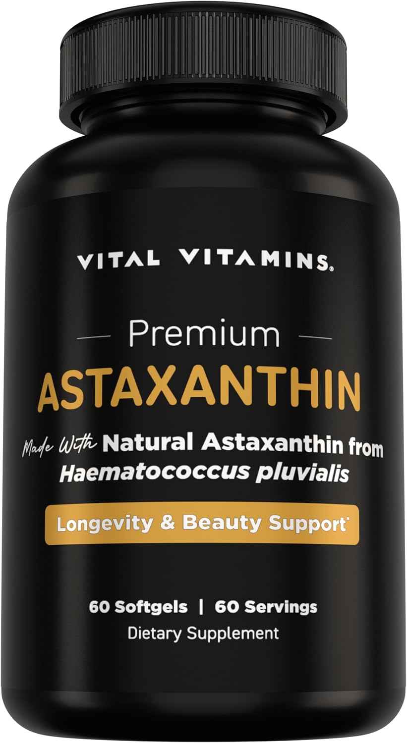Vital Vitamins Astaxanthin 12mg Softgels for Skin Hydration & Elasticity | Natural Astaxanthin from Microalgae, Antioxidant Protection for Skin, Eyes & Exercise Recovery, Vegan, 60 Softgels