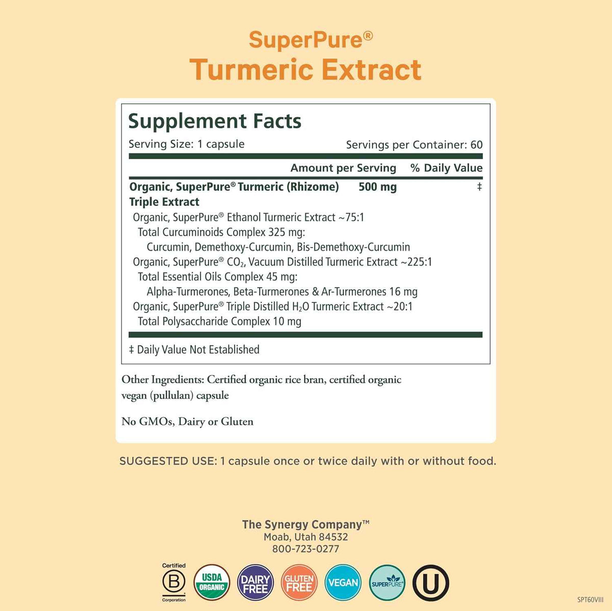 Pure Synergy SuperPure Turmeric Extract | Organic Curcumin Supplement | 500 mg Turmeric Extract Capsules | Potent Support for Immune and Joint Health (60 Capsules)