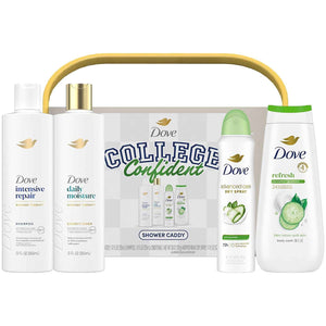 Dove Shower Caddy College Confident Gift Set – Cucumber & Green Tea Body Wash, Intensive Repair Shampoo, Daily Moisture Conditioner, Cool Essentials Deodorant for Women (5 Piece Set)