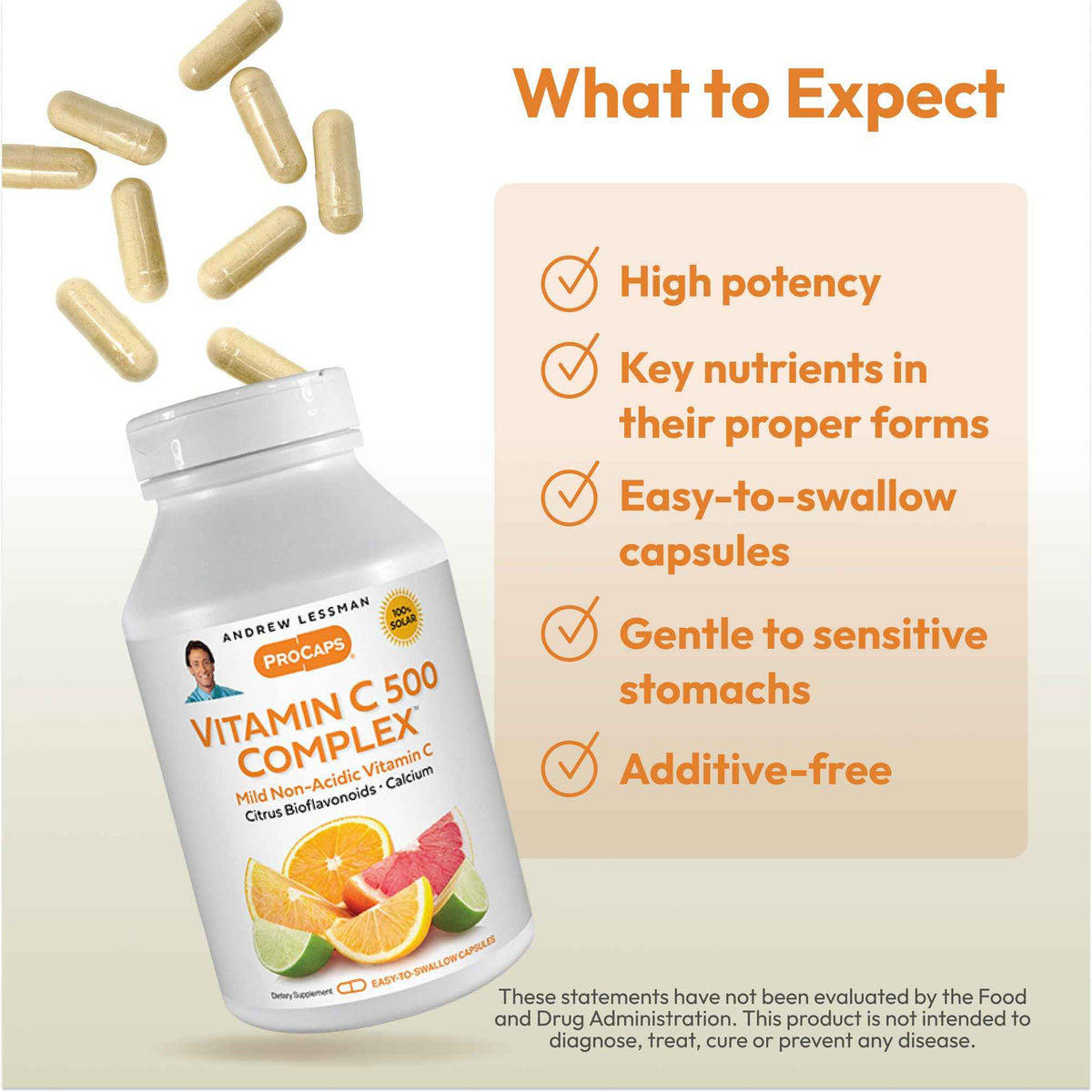 ANDREW LESSMAN Vitamin C 500 Complex 180 Capsules - Non-Acidic Vitamin C Plus Citrus Bioflavonoids for Immune System and Anti-Oxidant Support, No Stomach Upset, Small Easy to Swallow Capsules