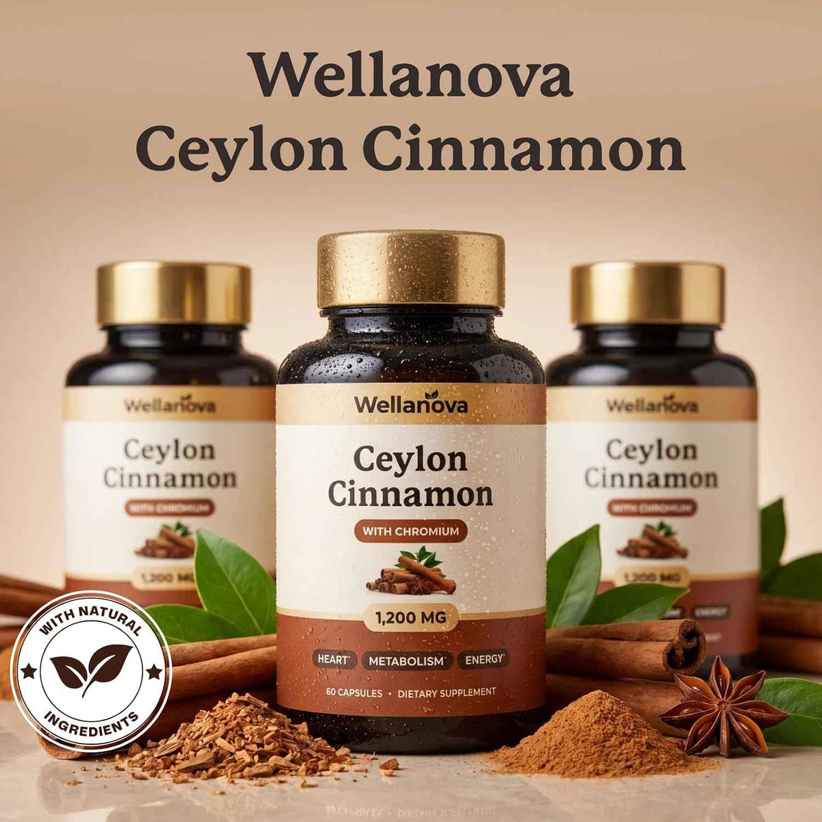 Ceylon Cinnamon Capsules Supplement with Chromium - 1,200 mg True Cinnamomum Verum, Chromium Picolinate 200 mcg - Heart, Metabolism & Energy Support - 60 Vegan Capsules