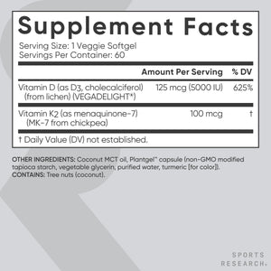 Sports Research® Vitamin D3 + K2 w/ Coconut Oil - Vegan Vitamin D 5000iu & Mk7 Vitamin K 100mcg for Bone & Immune Support - Vegan Certified · Non-GMO · Soy Free - 60 Softgels Sports Research buy supplements Au