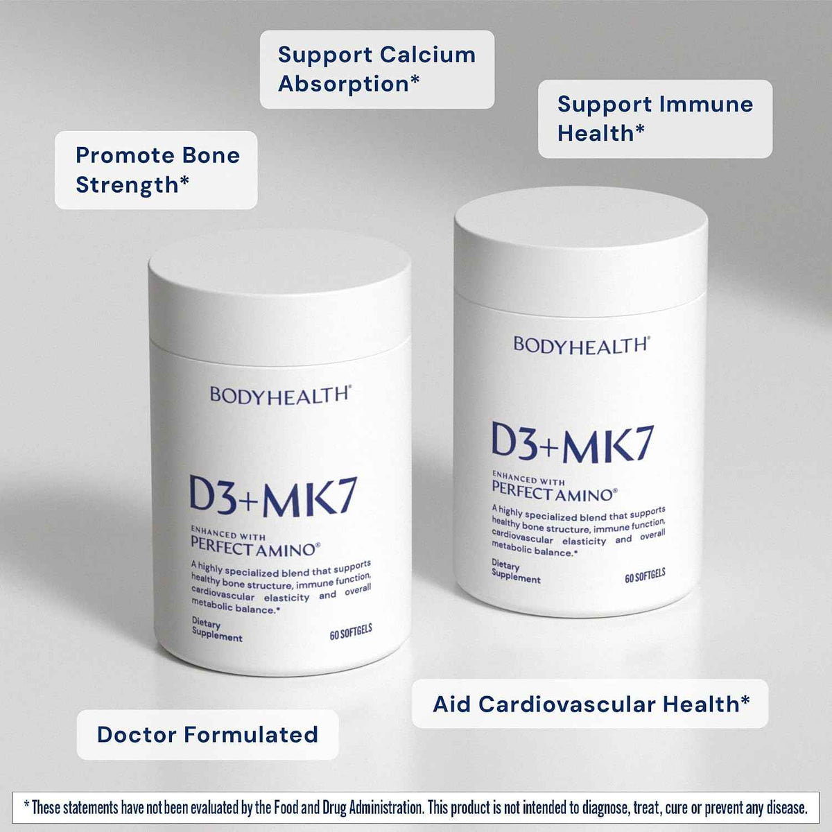 BodyHealth D3 + MK7 - Vitamin D3 5000IU, Vitamin K1, Vitamin K2 - Easy to Swallow Supplement, Supports Bone Strength & Calcium Absorbtion* - 60 Softgels