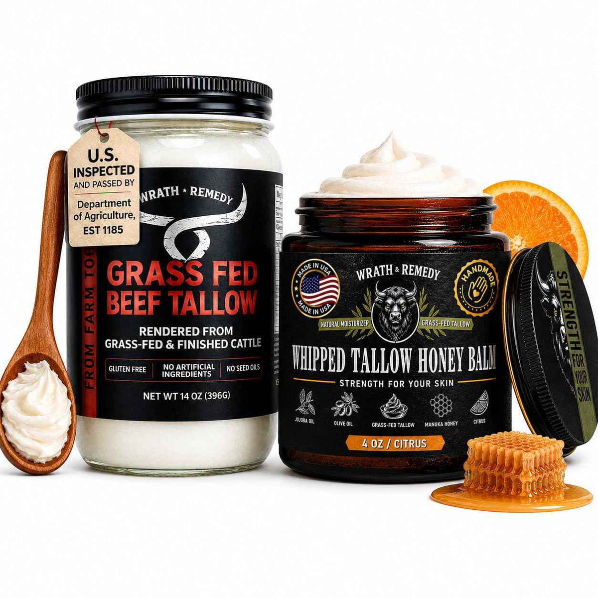 Beef Tallow for Cooking (14 oz) + Organic Beef Tallow for Skin - 4 OZ (Citrus)