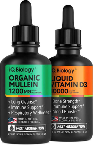 IQ BIOLOGY Organic Mullein + Liquid Vitamin D3 – Dual-Benefit Fast-Absorbing Drops | Clear Lungs, Strong Bones, Year-Round Immune & Mood Support | 2 × 2 fl oz
