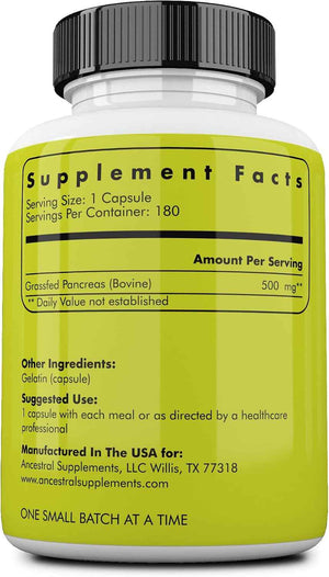 Ancestral Supplements Grass Fed Beef Pancreas Supplement, 500mg, Pancreatic Support with Proteolytic Digestive Enzymes for Digestion Support, Including Trypsin, Non GMO, 180 Capsules (Pack of 2)