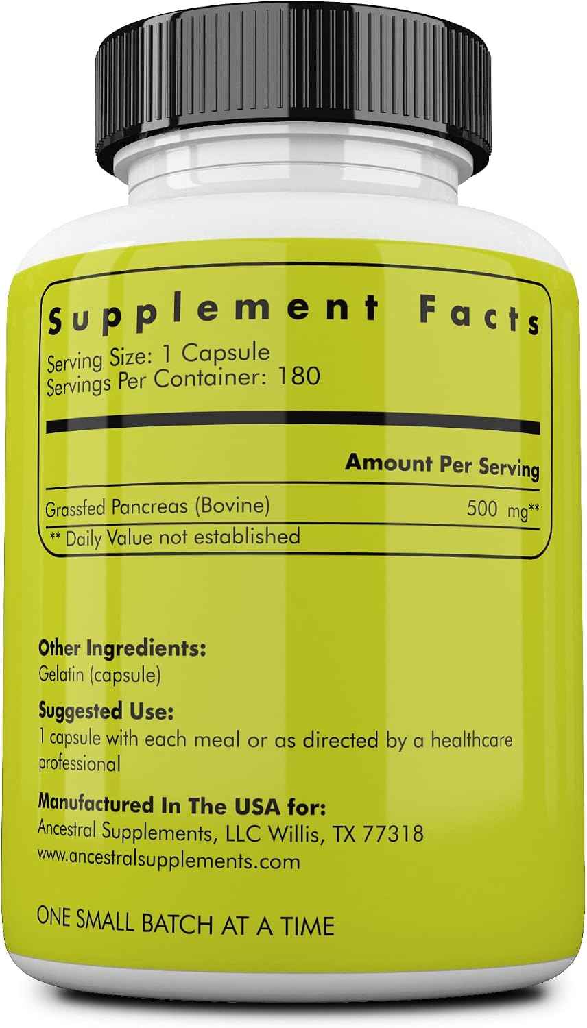 Ancestral Supplements Grass Fed Beef Pancreas Supplement, 500mg, Pancreatic Support with Proteolytic Digestive Enzymes for Digestion Support, Including Trypsin, Non GMO, 180 Capsules (Pack of 2)