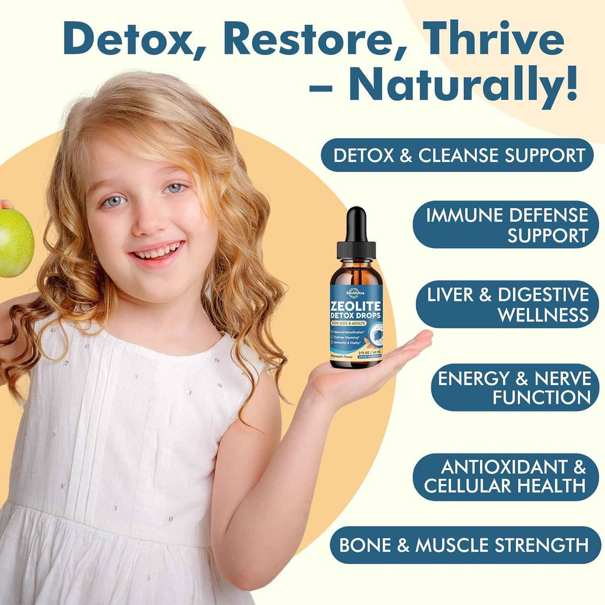 Zeolite Detox for Kids and Adults, Zeolite Clinoptilolite Liquid Drops with Chlorella, Magnesium, Zinc, Methy Vitamin B12 & D3, Gut Liver Detox Cleanse, Immunity, Pineapple Flavor 4 Fl Oz