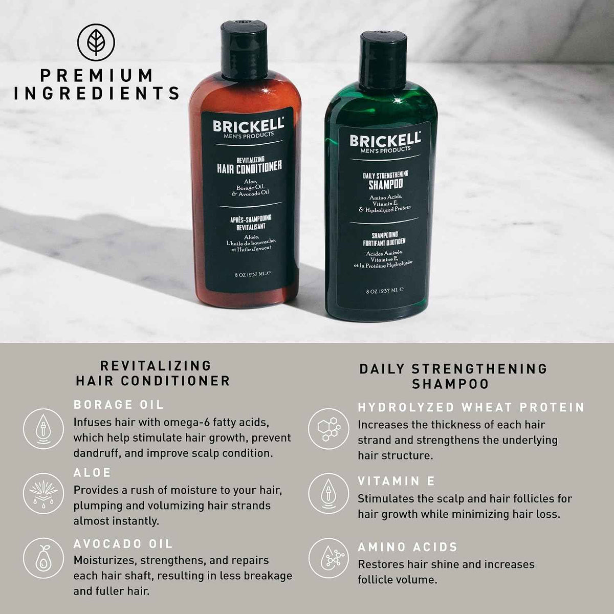 Brickell Men's Daily Revitalizing Hair Care Routine, Shampoo and Conditioner Set For Men, With Pro-Vitamin B5, Aloe, and Tea Tree Oil, Strength and Volume Enhancing Conditioner, Gift Set