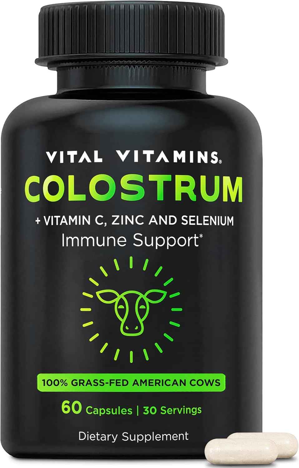 Vital Vitamins Colostrum Supplement, 30% IgG, Grass-Fed Bovine, 60 Capsules | Supports Immune Defense & Gut Health, Colostrum with Vitamin C, Zinc, & Selenium, Non-GMO