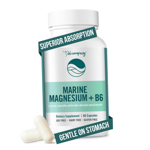 Supplement bottle labeled 'Marine Magnesium + B6' with a white background