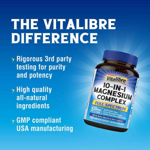 Vitalibre 10 in 1 Magnesium Complex, 420mg Elemental Magnesium 120 Capsules | Ultra Strength, Max Absorption | Chelated Magnesium Supplement for Women Men Nerves, Bone & Heart Health | Non-GMO