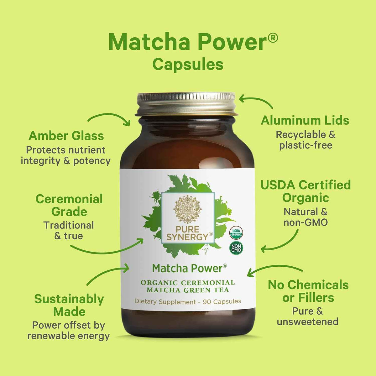 PURE SYNERGY Matcha Power | Organic Matcha Green Tea Capsules | Ceremonial Grade Supplement with EGCG | for Enhanced Energy & Alertness (90 Capsules)