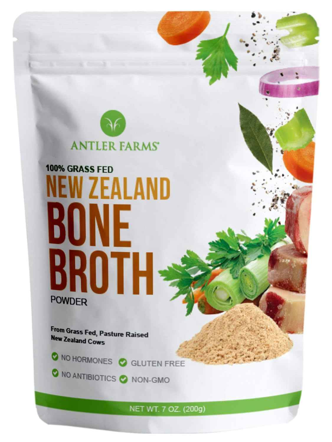 Antler Farms - 100% Grass Fed New Zealand Bone Broth Powder, 40 Servings, 200g - Slow Cooked, Gently Dried, Delicious Flavor, No Hormones, Antibiotics, & GMOs | 100% Pure Beef Bone Broth Powder for Humans, Slow Cooked, Gently Dried, Light Flavor, No Hormo