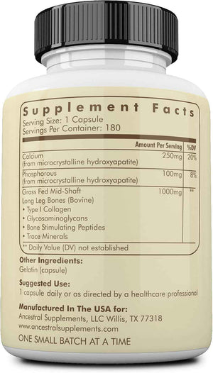 Ancestral Supplements Grass Fed Beef Living Bone Supplement, 180 Ct | Grassfed bone meal capsule supporting calcium and phosphorus absorption, bone, oral and joint health & flexibility.