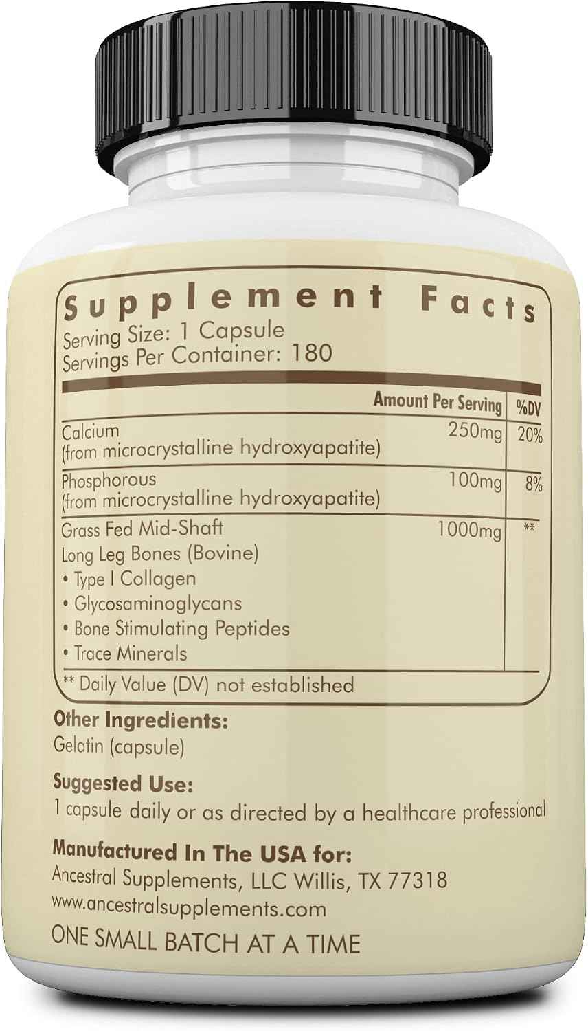 Ancestral Supplements Grass Fed Beef Living Bone Supplement, 180 Ct | Grassfed bone meal capsule supporting calcium and phosphorus absorption, bone, oral and joint health & flexibility.