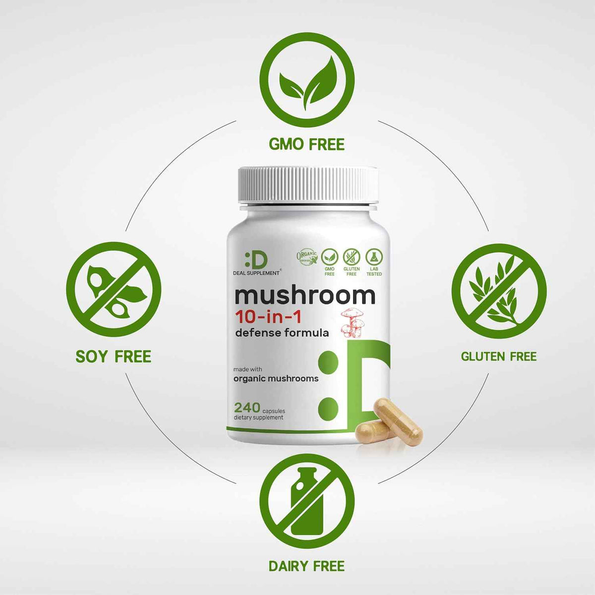 Organic 10-in-1 Mushroom Supplement, 240 Capsules – Lions Mane, Turkey Tail, Reishi, Cordyceps & More Mushroom Complex – Immune, Energy & Nootropic Brain Support – Non-GMO