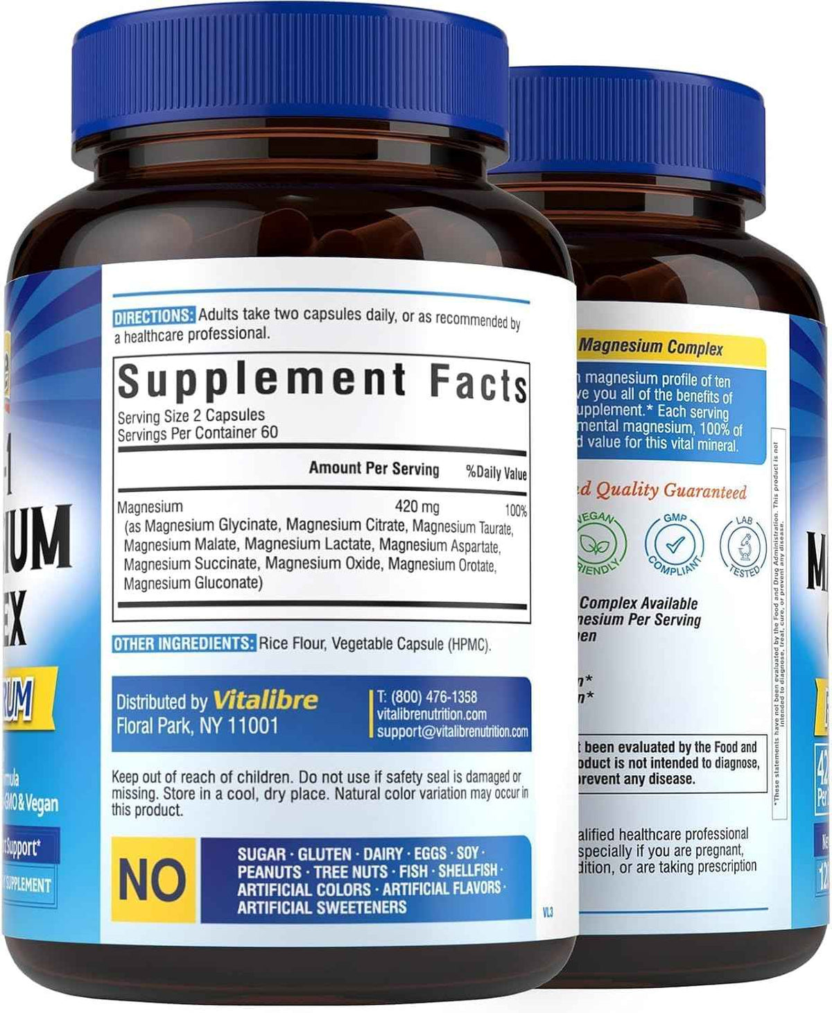 Vitalibre 10 in 1 Magnesium Complex, 420mg Elemental Magnesium 120 Capsules | Ultra Strength, Max Absorption | Chelated Magnesium Supplement for Women Men Nerves, Bone & Heart Health | Non-GMO