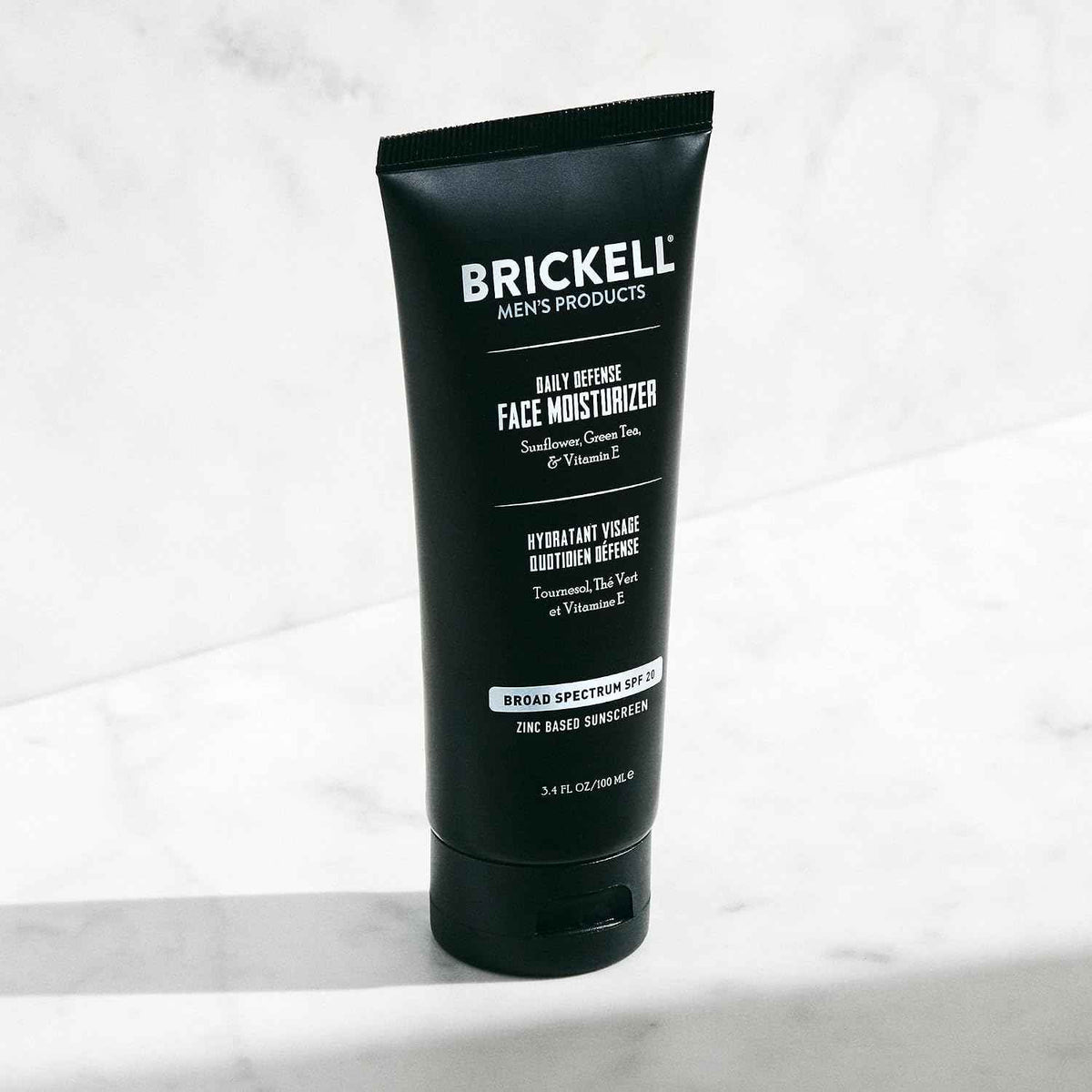 Brickell Men's Daily Defense SPF20 Face Moisturizer for Men, Moisturizing Mineral Sunscreen, Hydrates & Protects Skin Against Harmful UVA/B Rays, With Zinc, Green Tea, & Vitamin E, 3.4oz, Unscented
