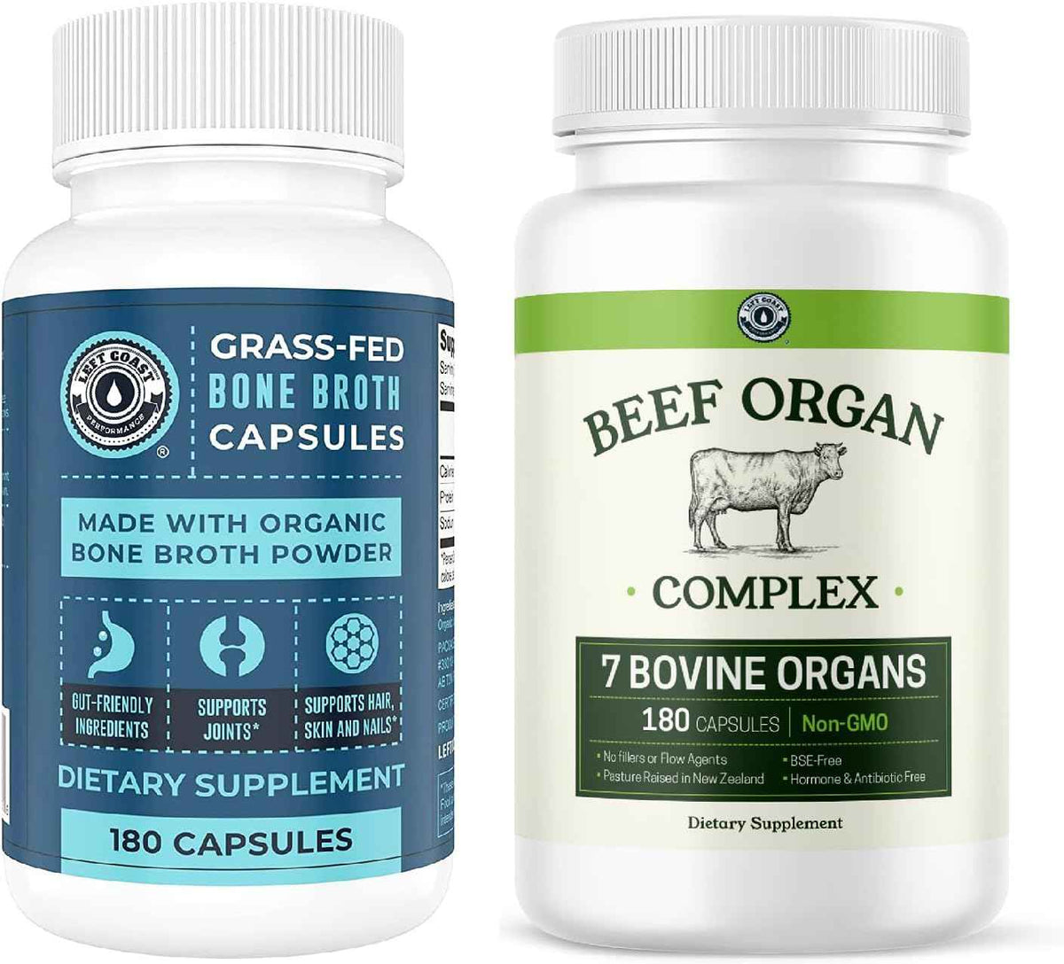 Left Coast Performance Bone Broth Capsules 180 Count + Beef Organ Complex Capsules 180 Count