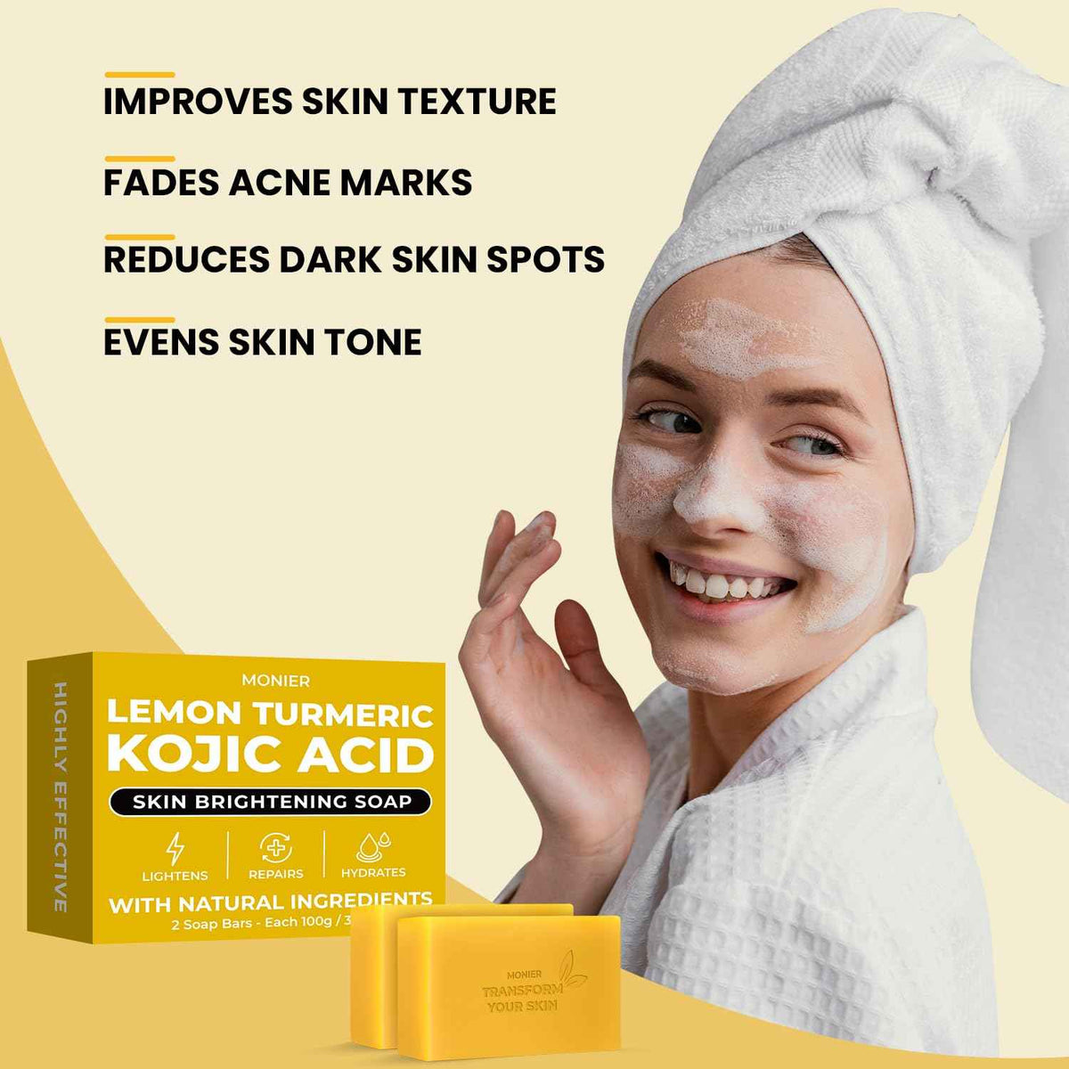 MONIER Brightening Lemon Turmeric Kojic Acid Soap Bars - with Collagen | with Collagen, Turmeric, Coconut Oil, Moisturizing & Nourishing, Original Japanese Complex (2 Soap Bars + Storage Net)