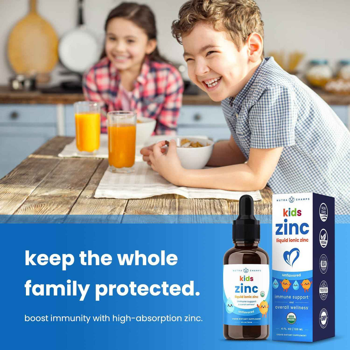 NutraChamps Organic Liquid Zinc Drops for Kids, Ionic Zinc Drops Enhanced with Vitamin C for Children, Sugar-Free 4 oz, Vegan & Non-GMO, Unflavored, 60 Servings, 2 Month Supply