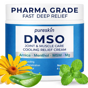 Pureskin DMSO cream jar with natural elements on a white background