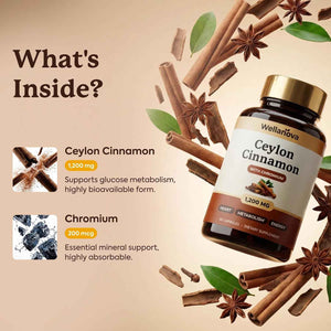 Ceylon Cinnamon Capsules Supplement with Chromium - 1,200 mg True Cinnamomum Verum, Chromium Picolinate 200 mcg - Heart, Metabolism & Energy Support - 60 Vegan Capsules
