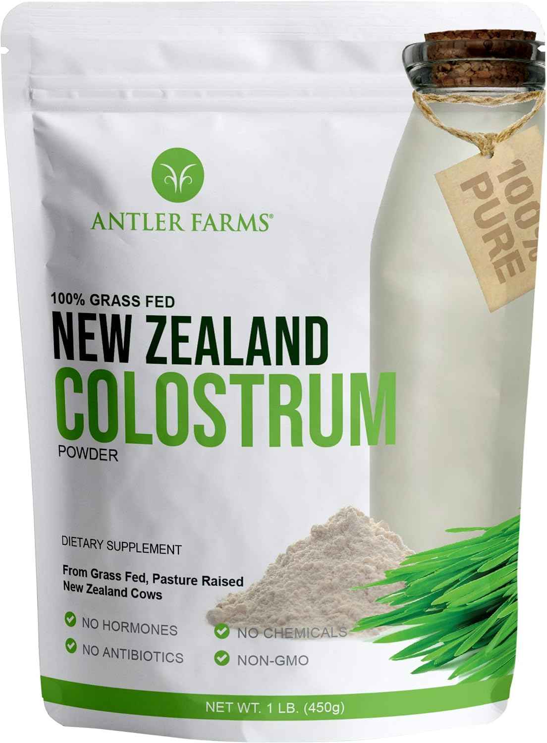 Antler Farms 100% Pure New Zealand Colostrum, 30 Servings, 1 lb - Grass Fed, Pasture Raised, Clean Sourced, Cold Processed, Undiluted, High IgG Content | 100% Pure, Pasture Raised, Clean Sourced, Super Potent, Cold Processed, Undiluted, 20-25% IgG Content