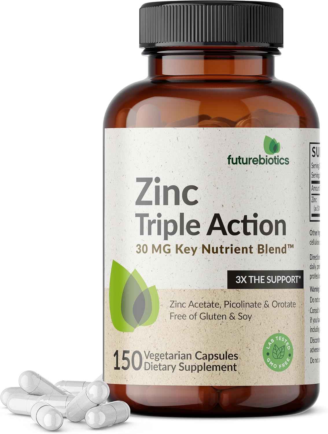 Futurebiotics Zinc Triple Action 30mg Key Nutrient Blend Immune Support Supplement with Zinc Acetate, Picolinate & Orotate - Immune, Antioxidant & Skin Health Support - 150 Vegetarian Capsules