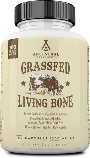Ancestral Supplements Grass Fed Beef Living Bone Supplement, 180 Ct | Grassfed bone meal capsule supporting calcium and phosphorus absorption, bone, oral and joint health & flexibility.